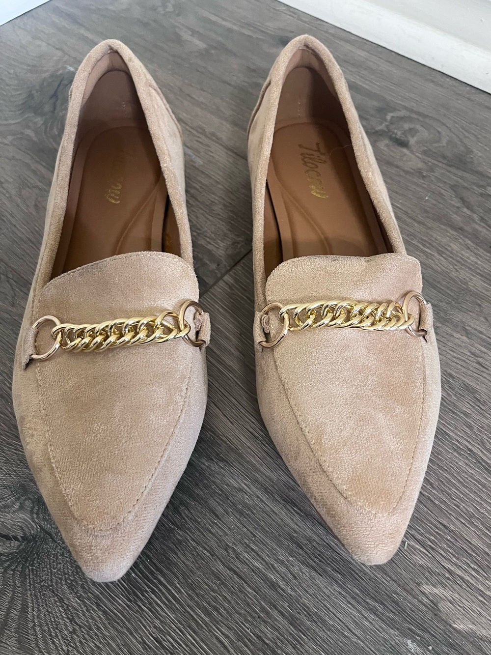 Suede Pointed Toe Loafer with Gold Chain - Taupe